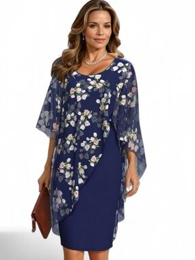 Floral Navy Chiffon Overlay Sheath Dress
